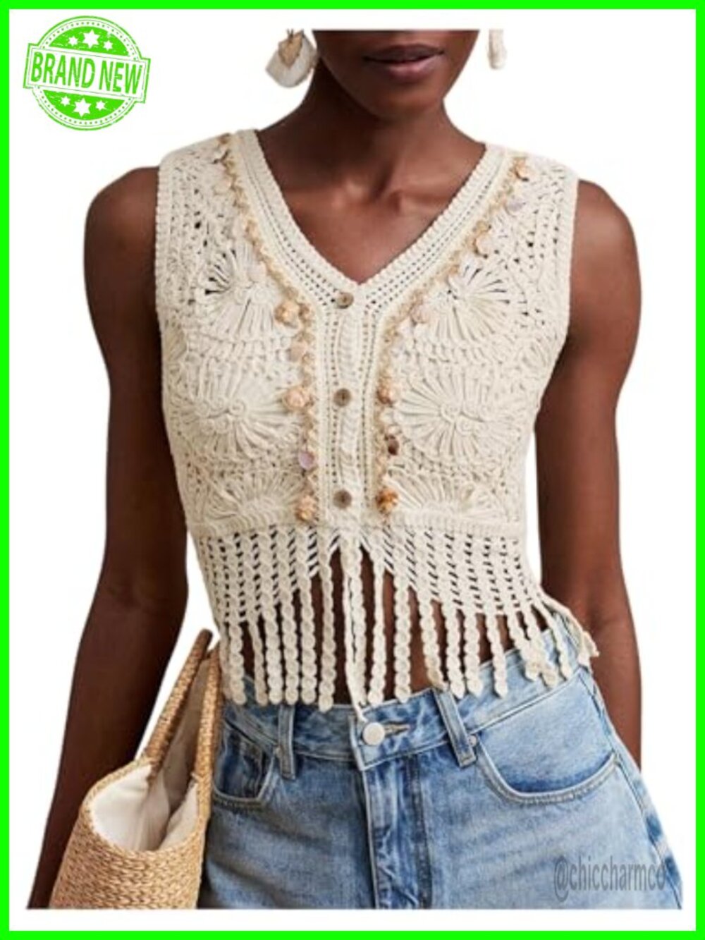 Boho Crochet Crop Tank Top Fringe Sleeveless V Neck Summer Vest